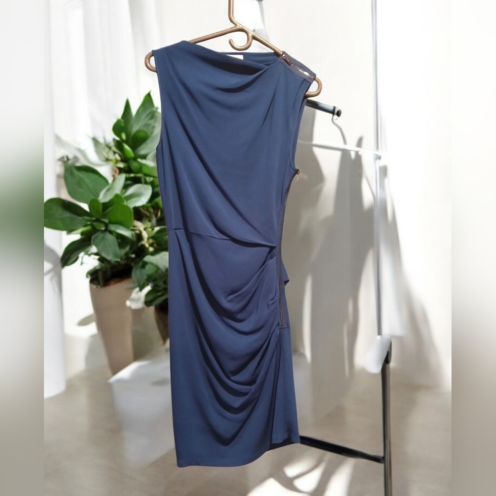 Reiss Ruched Zipper Cobalt Blue Midi Dress Womans size 2 XS Bodycon Cocktail